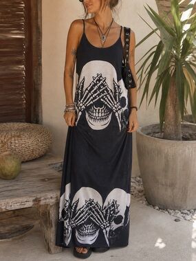 Faded Black Tie Dye Skull Print Maxi Dress XL Gothic Boho Summer Spaghetti Strap